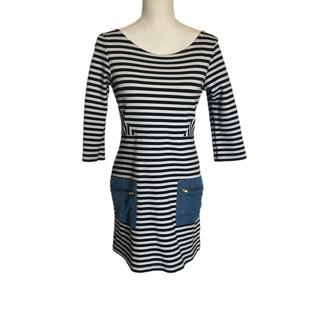 Striped‎ Dress with Denim Pockets 3/4 Sleeve Casual Chic Tabitha